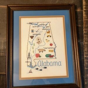 Vintage Framed Alabama Cross-Stitch Map Decor